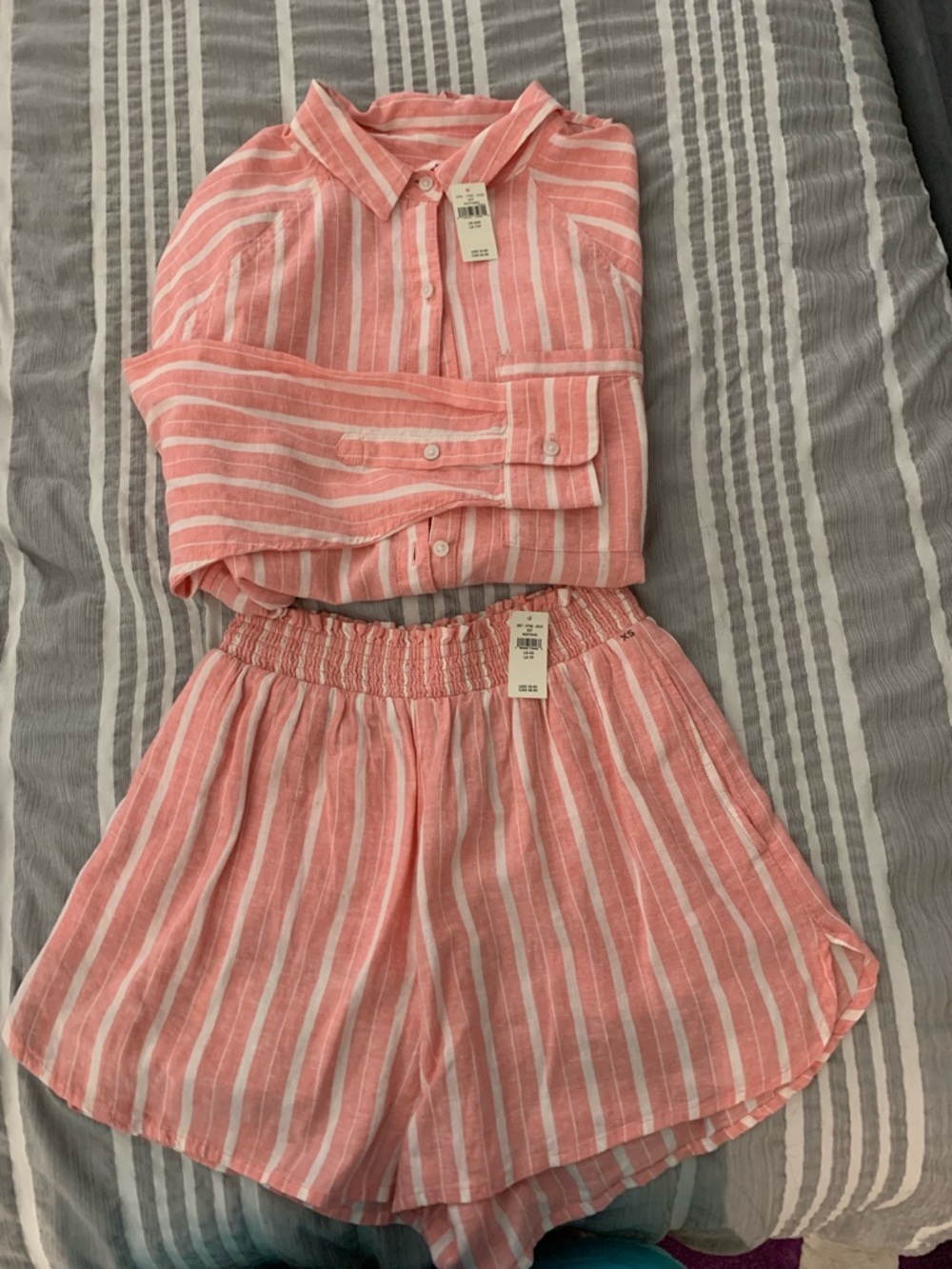 aerie Coral and White Striped 2 piece set.Long sleeve shirt and shorts.